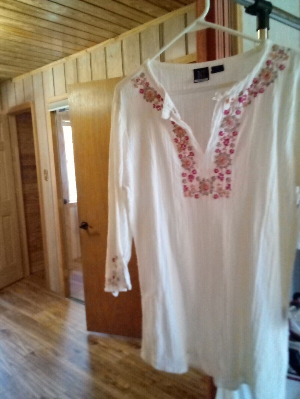 DCC Missy L Cotton 3/4 Sleeve V Neck Ivory With Embroidered Floral Accents Top